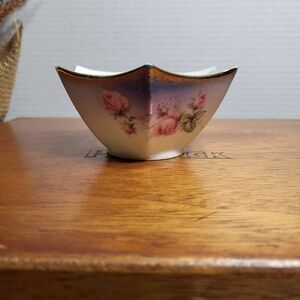 Vintage Silesia Porcelain Umbrella Edge Trinket Dish Bowl with Pink Roses Gilt